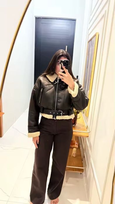 Дубленка zara короткая зимняя дубленка авиатор оверсайзд дубльонка мех