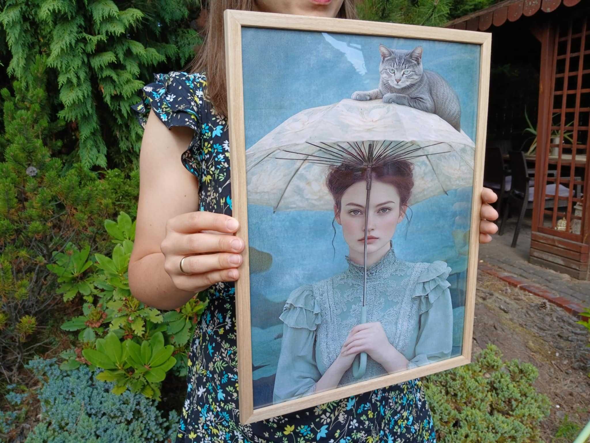 Obraz reprodukcja druk na płótnie Kobieta z kotem w ramie 30x40