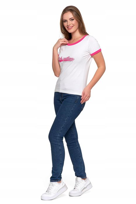 T-Shirt Koszulka Damska Bawełna Slim Z Napisami Biało-Różowy Moraj Xxl