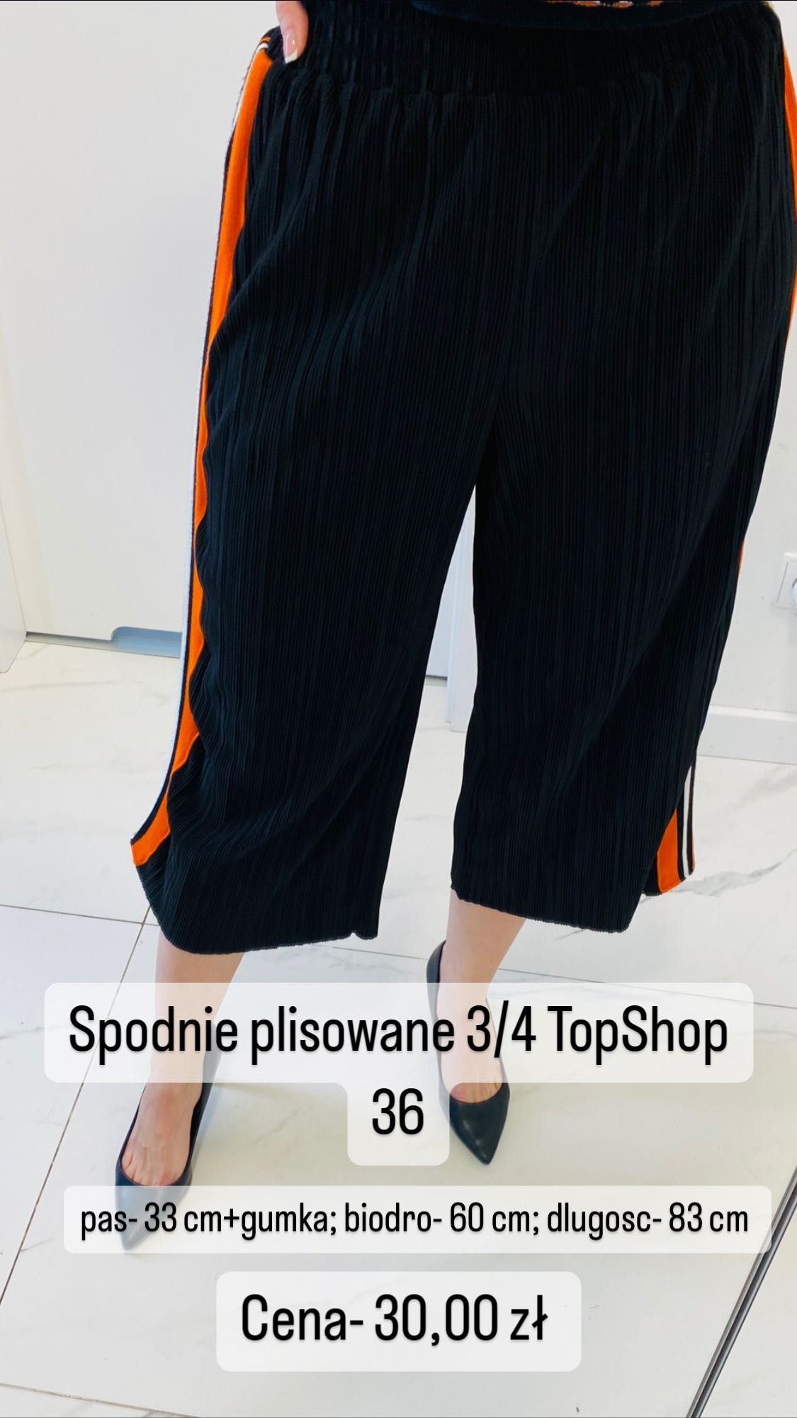 Spodnie plisowane S 3/4 długość TopShop lampasy czarne pomarańcz