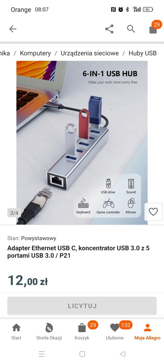 Adapter Ethernet USB C, koncentrator USB 3.0 z 5 portami USB 3.0 / P21