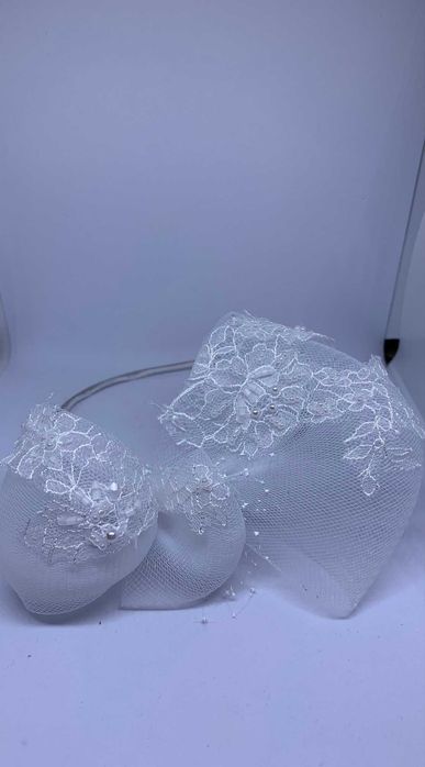 Nowa Tiulowa Kokarda Koronka Opaska Ślub Rękodzieło Perły Diadem  Art