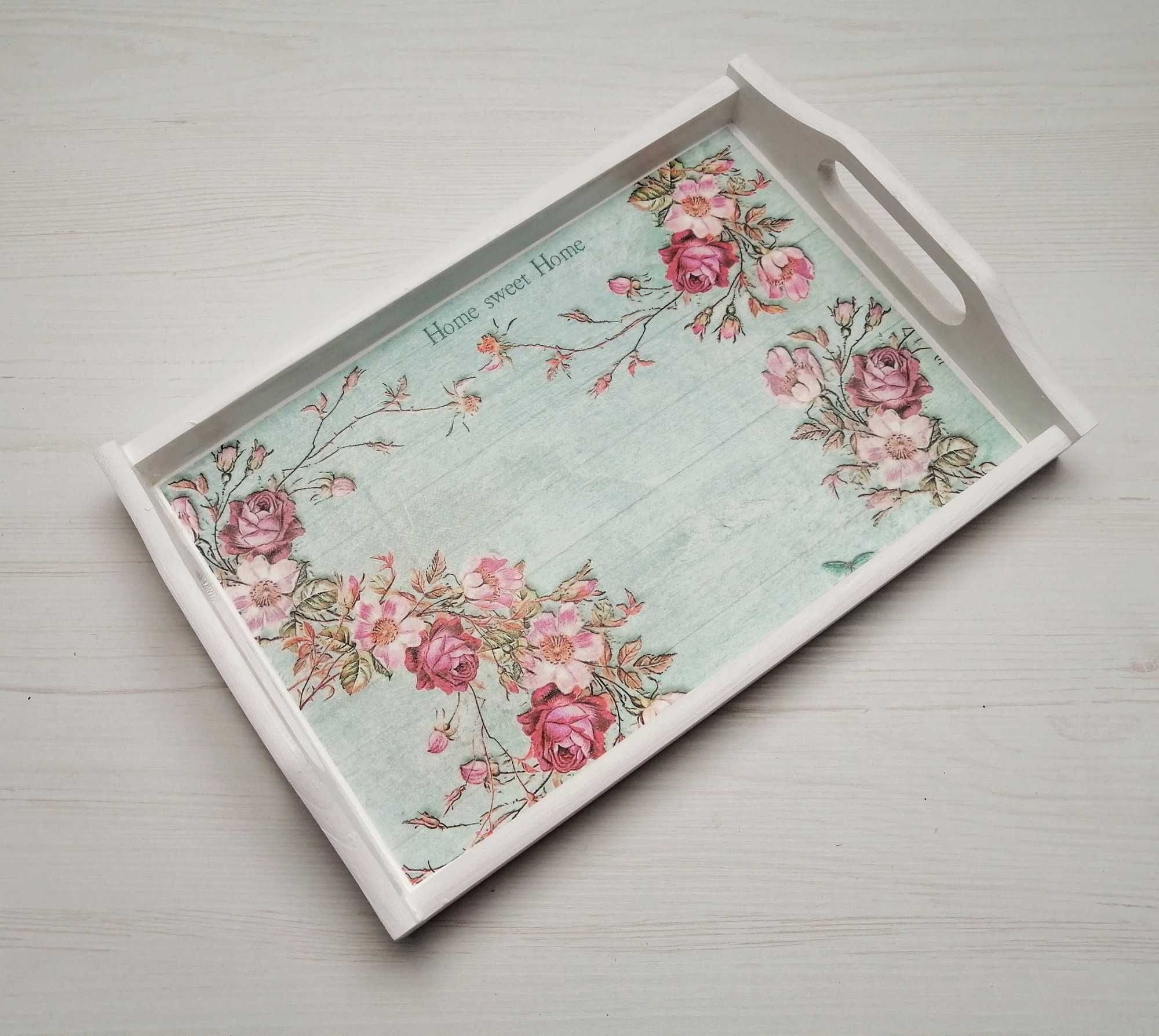 Drewniana taca BIAŁA Kwiaty decoupage ręcznie robiona nowa