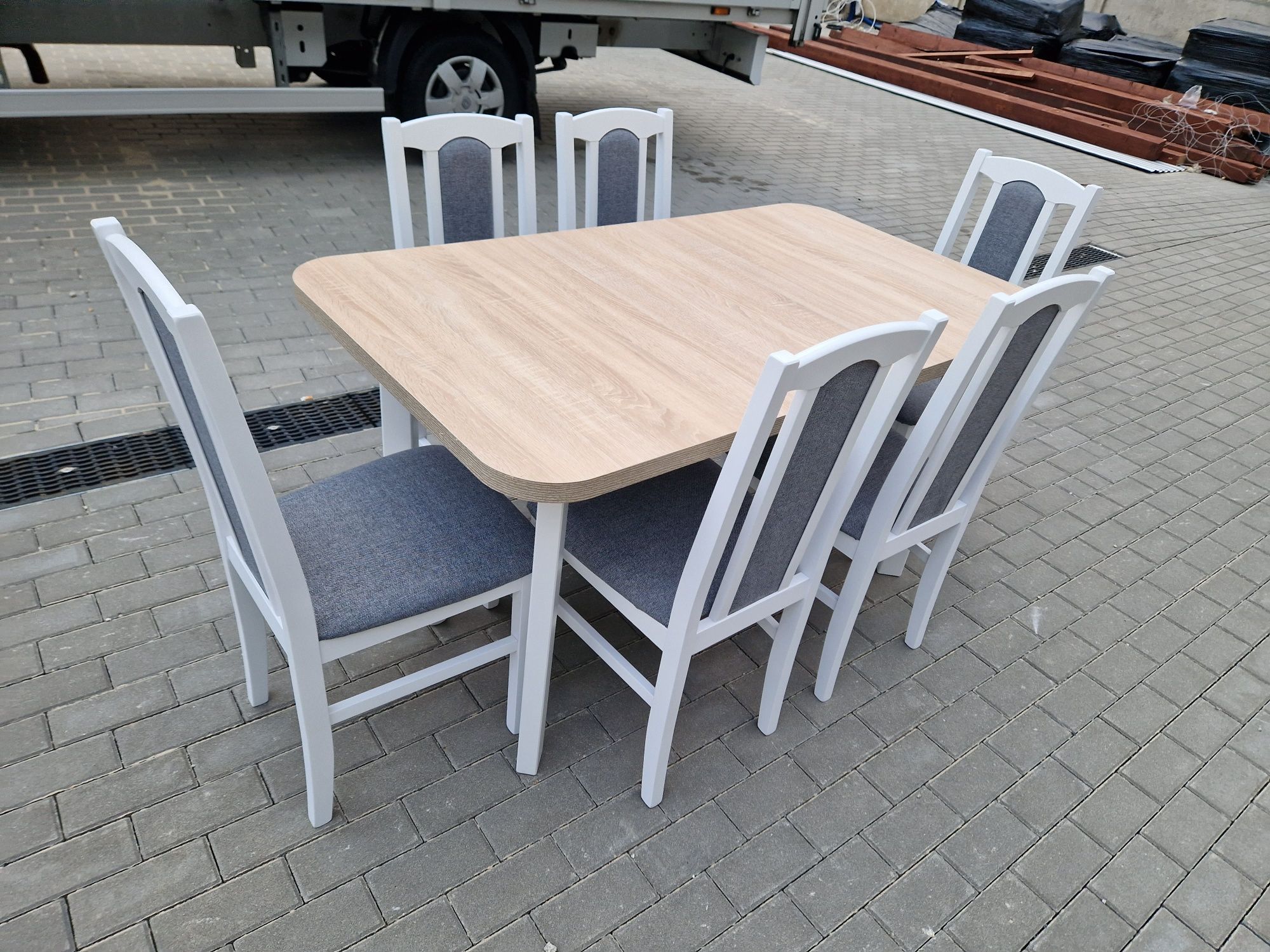 Nowe: Stół 80x140/180 + 6 krzeseł, biały/sonoma + szary, dostawa PL