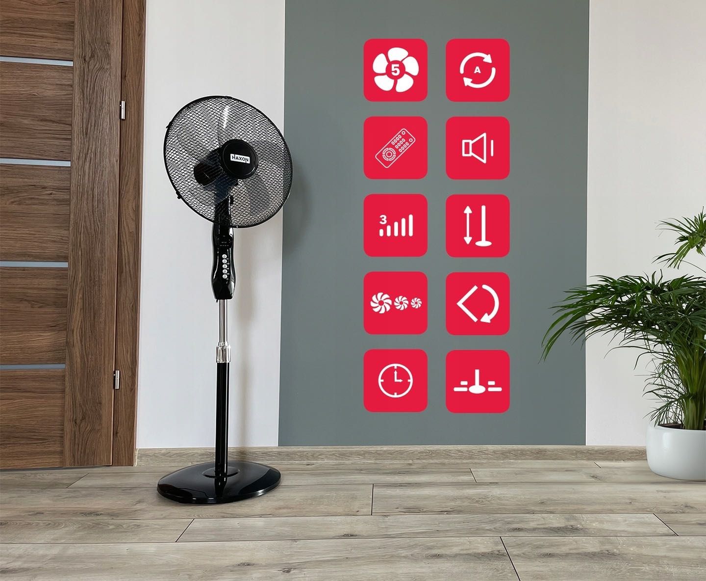 wentylator podłogowy haxon dax wiatrak stojący 5 łopatek timer + pilot