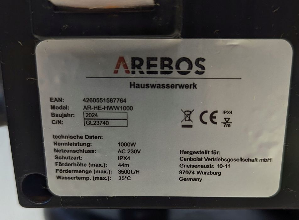 Arebos Hydrofor 19L 1000W, 3500 L/H, Wysokość Podania 7 Metrów