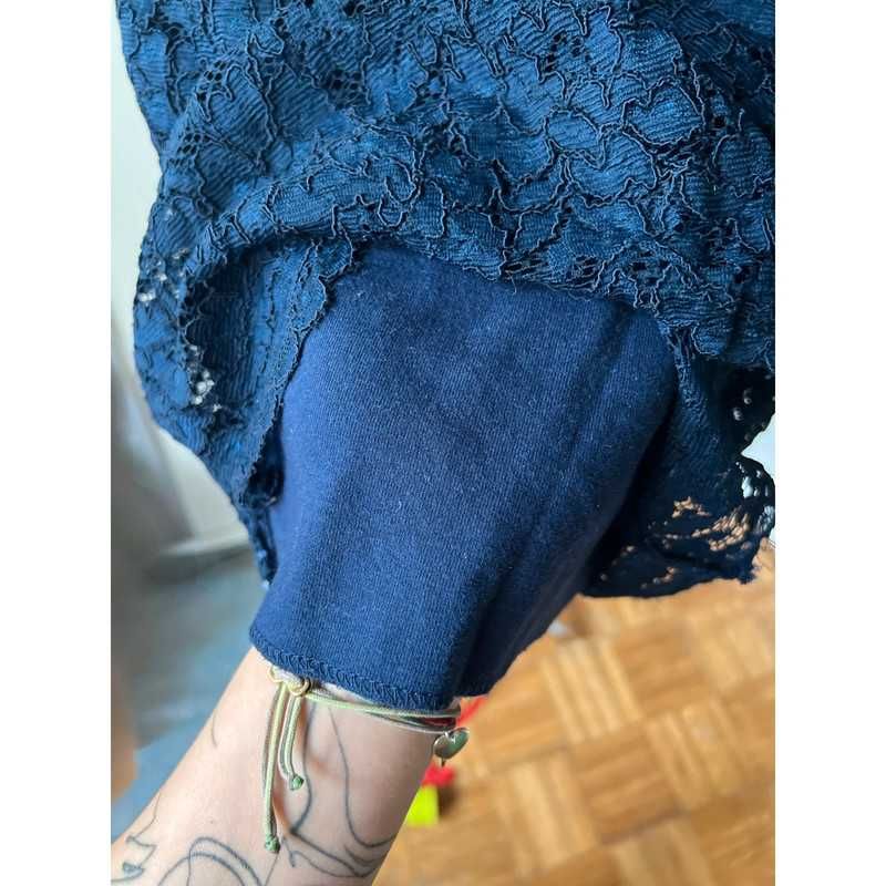 Top bluzka z koronką na bawełnie Zara S granatowa elegancja old money