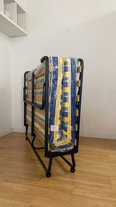 Cama casal dobrável + estrado ripas + colchão conforto firme