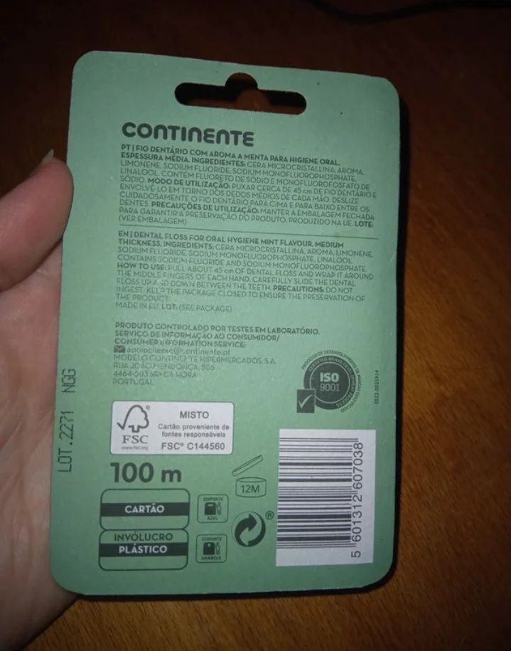 Fio dental, aroma a menta, 100 m, Continente