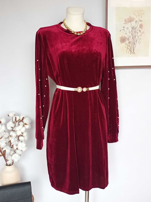 Nowa bordowa sukienka do kolan prosta welurowa długi rękaw  44 XXL