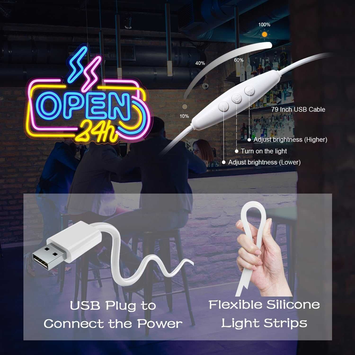 Sinal Luminoso Néon LED em Acrílico " OPEN 24h "