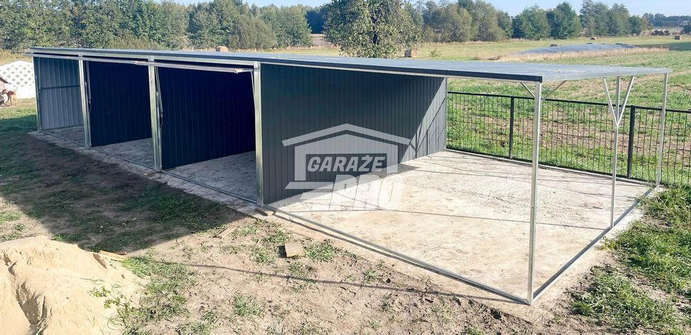 Garaż blaszany 9x6 + wiata 3x6 antracyt + jasny orzech   GP226