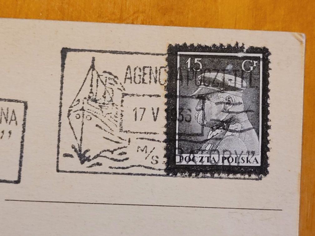 Pocztówka transatlantyk MS Batory widokówka karta znaczek Piłsudski