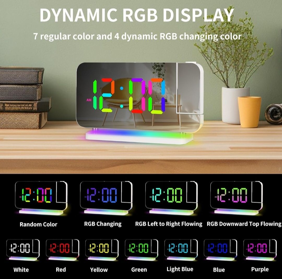 Budzik projekcyjny cyfrowy zegar do sypialni RGB 8" LED