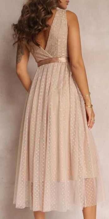 Sukienka damska tiulowa z koronką beżowa r. S