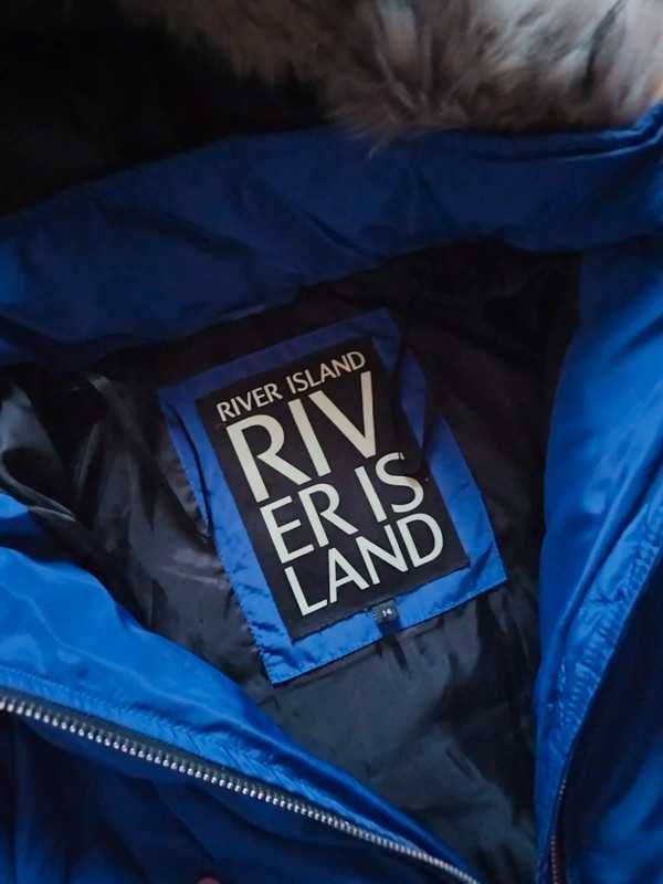 Puchowa kurtka River Island chabrowa długa ocieplana kaptur futerko
