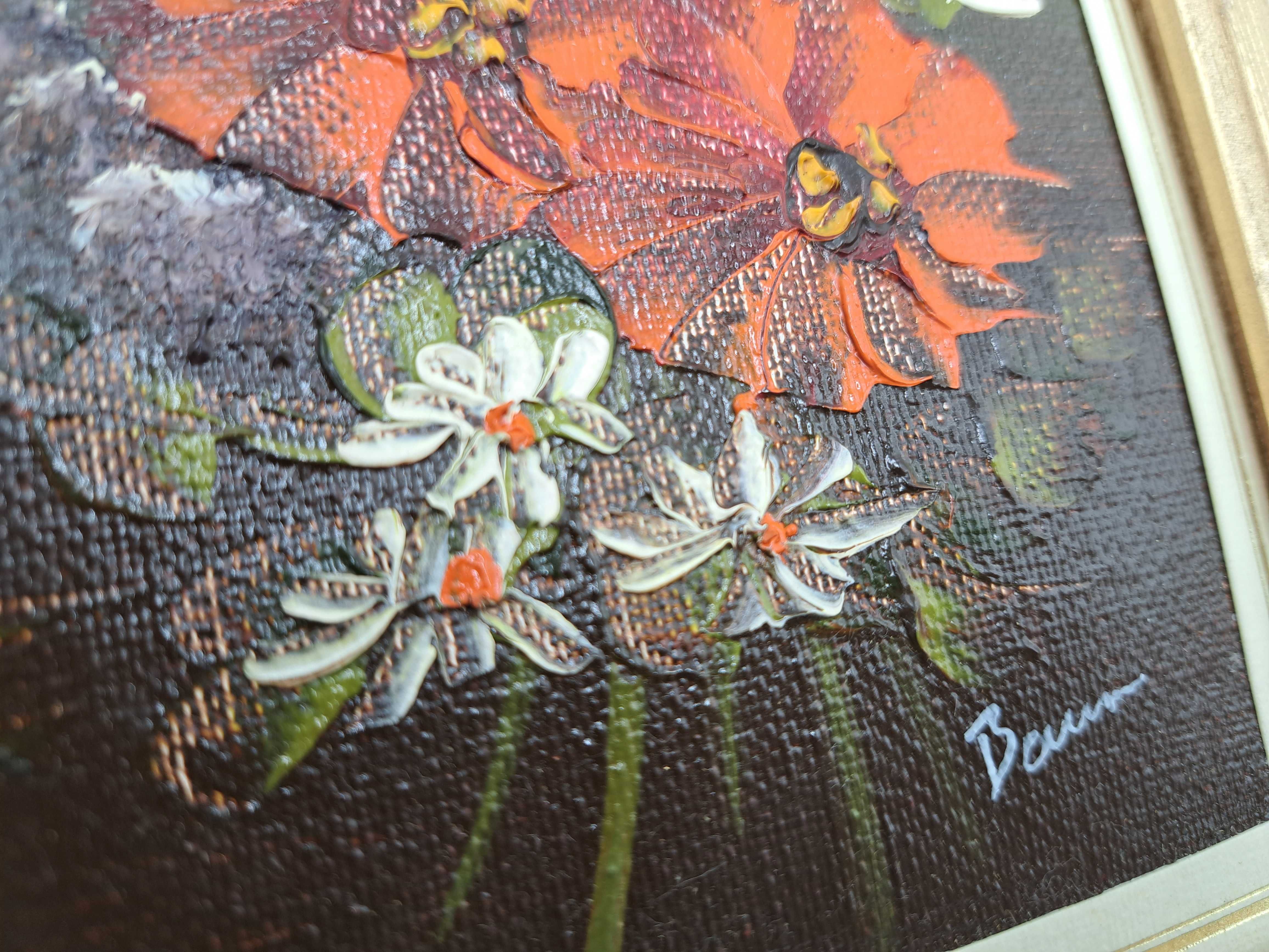Obraz kwiaty w wazonie olejny na papierze sygnowany Baum rama