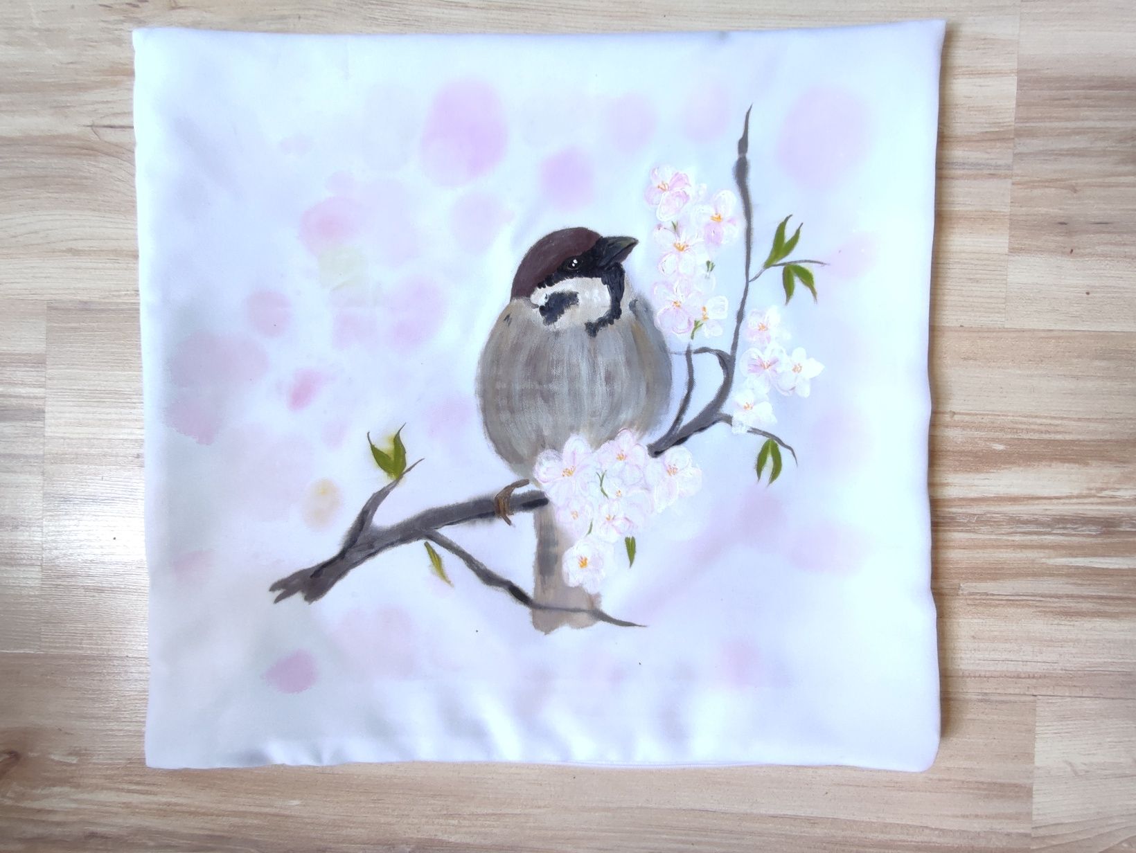 Poszewka wróbel na jabłoni ptaki polskie handmade poduszka dekoracyjna