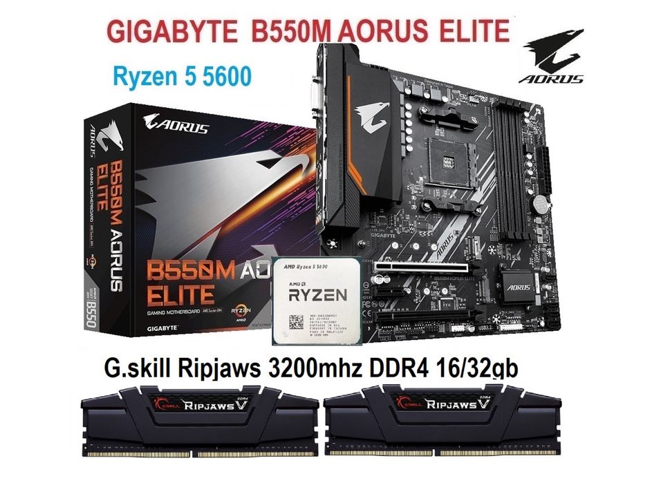 Ігровий комплект Ryzen 5 5600 B550M AORUS ddr4 G.skill Ripjaws 16/32gb