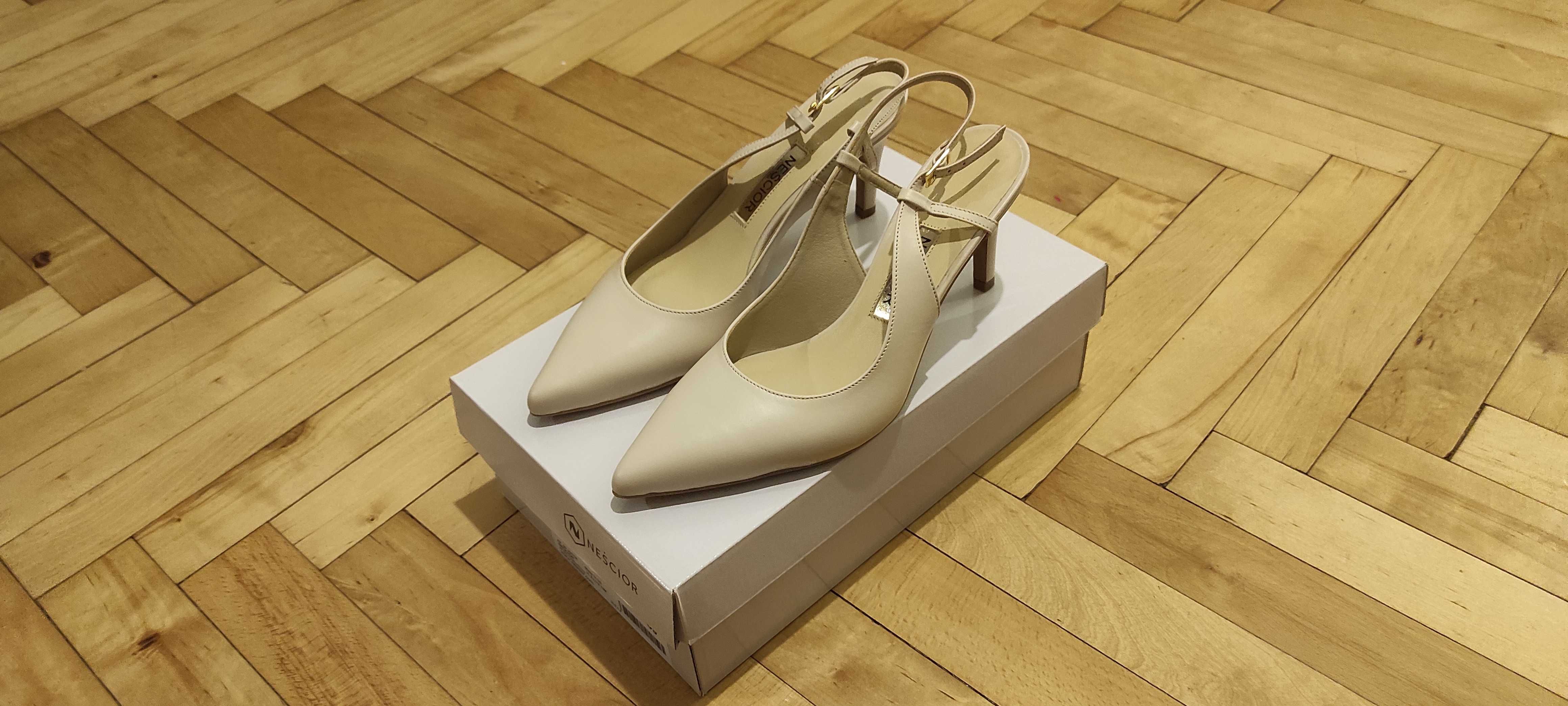 Buty skórzane Neścior czółenka z odkrytą pięta NOWE, NIEUŻYWANE