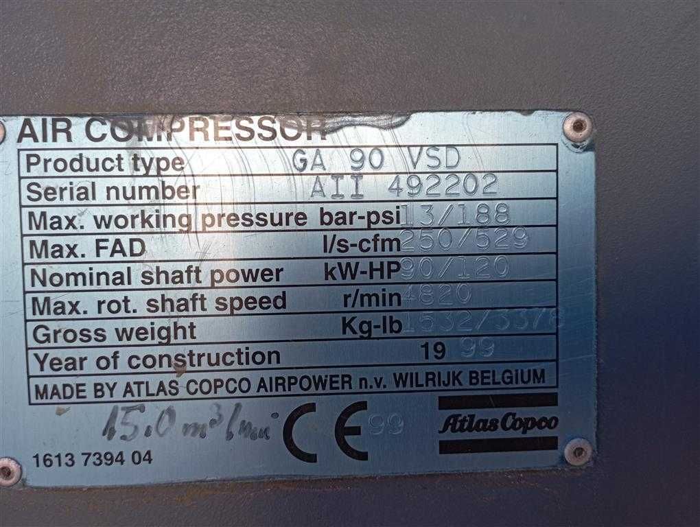 Sprężarka śrubowa kompresor ATLAS COPCO GA90 VSD 90kW 17,07m³ S014444
