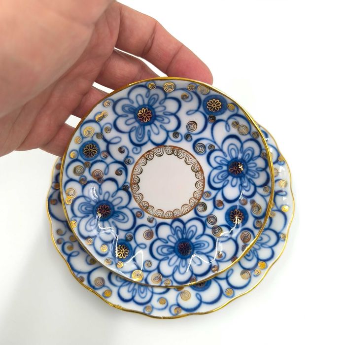 Łomonosow Trio Filiżanka Podstawek Spodek Talerzyk Porcelana Kobalt