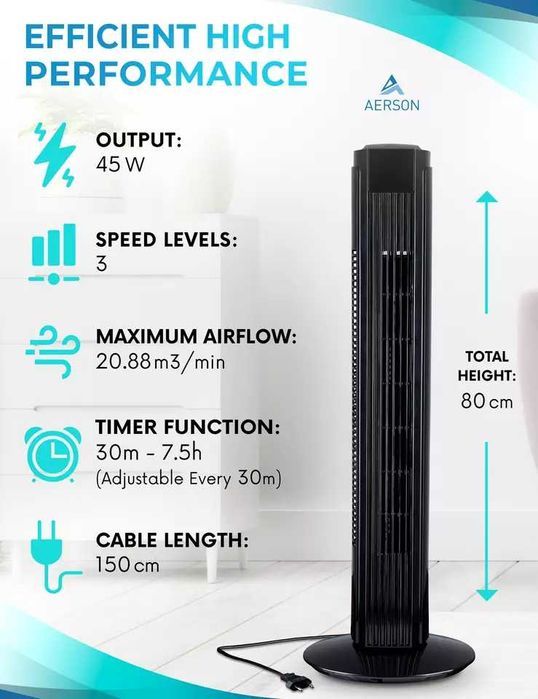 Ventilador de torre AERSON® 80 cm con mando a distancia ventilador ve