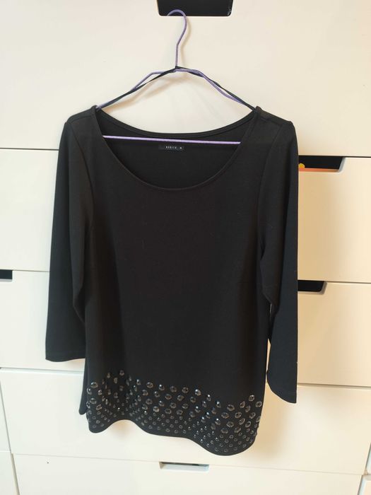Elegancka czarna bluzka damska XS 34 S 36 koraliki kamienie czerń