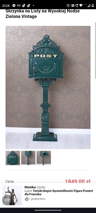 Skrzynka na Listy na Wysokiej Nodze Zielona Vintage z Żeliwa