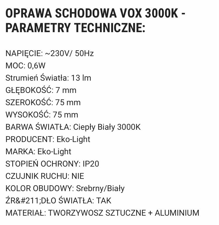 OPRAWA SCHODOWA VOX 3000K - zestaw 9 sztuk
