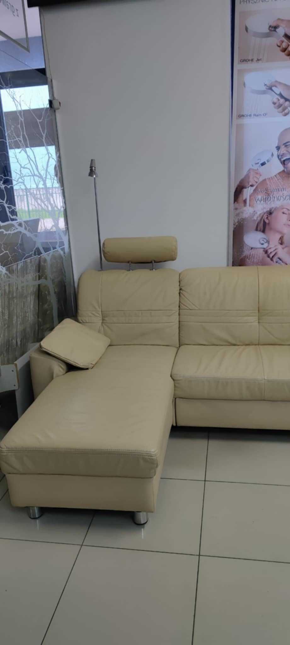 Narożnik rozkładany beżowy skóra naturalna + lampa, zagłówek, poduszka