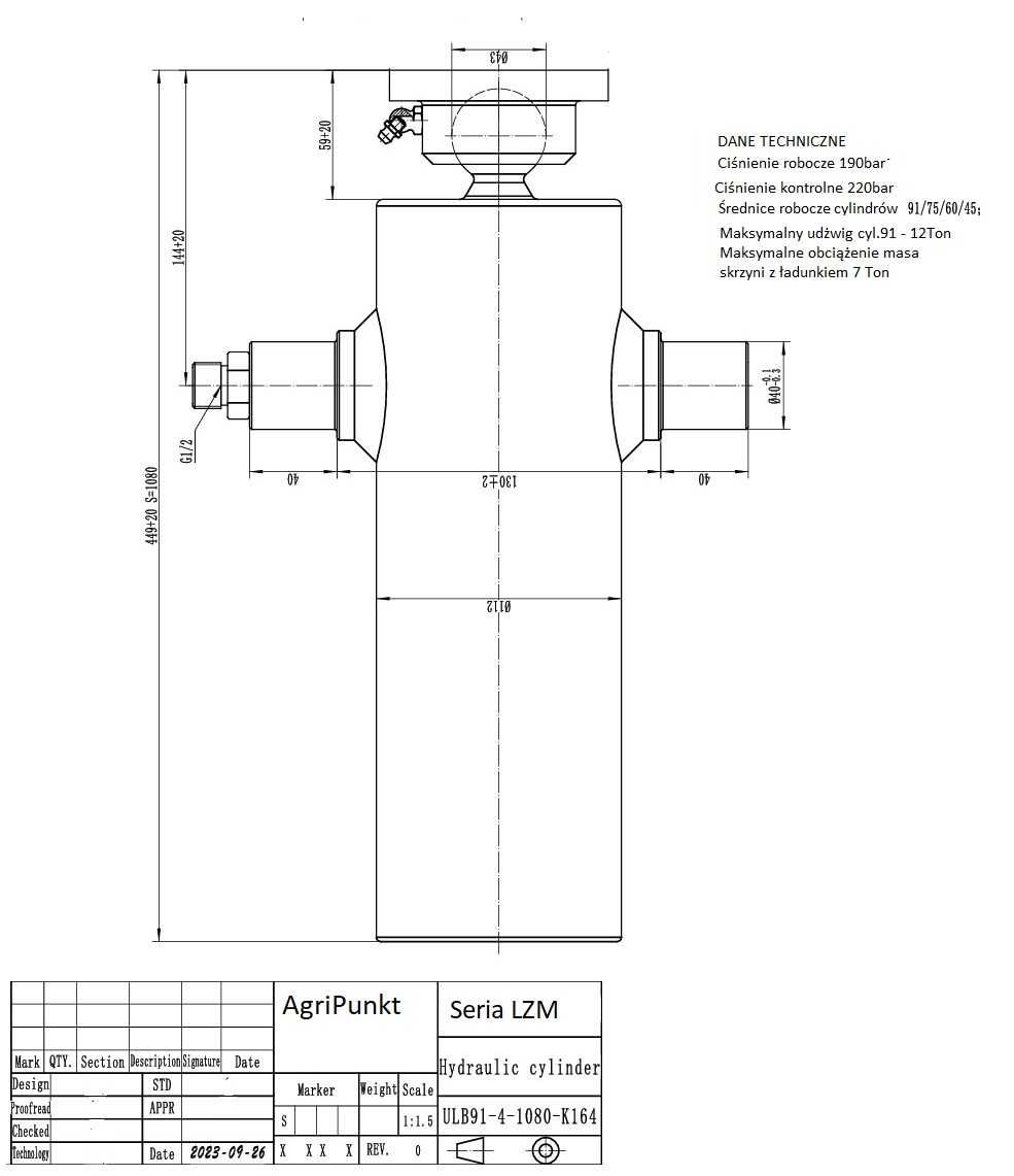 Siłownik do przyczepy wywrotki  do 7 Ton , skok 108cm CHROM