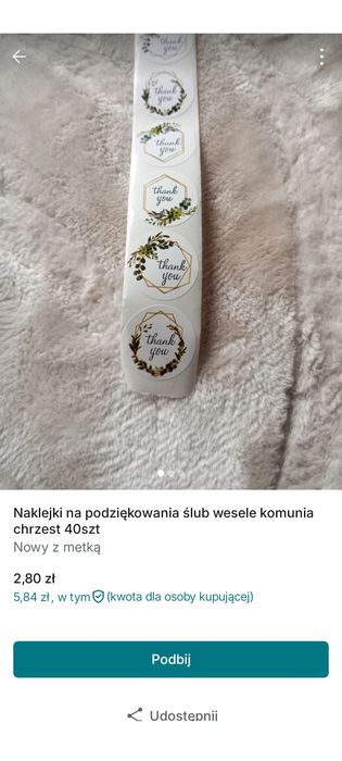 Naklejki na podziękowania ślub wesele komunia chrzest 40szt