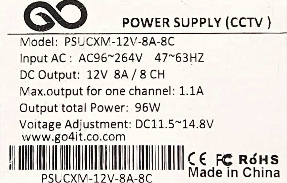 Power Supply (CCTV) psucxm-12v-8a-8c