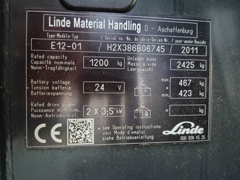 Wózek widłowy LINDE E12, duplex, elektryczny, przesuw