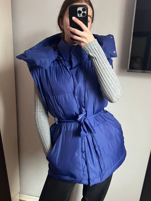 Сина дута пухова куртка пуфер | Пуховик трансформер куртка/безрукавка