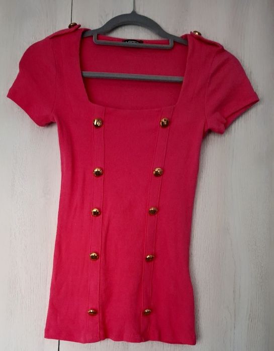 Nowa bluzeczka prążek Veso złote guziki pagony r. uni XS - L fuksja