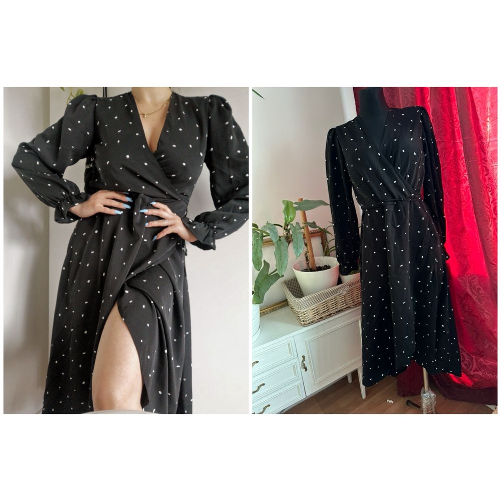 Czarna kopertowa sukienka midi z paskiem w groszki L 40 ax Paris asos