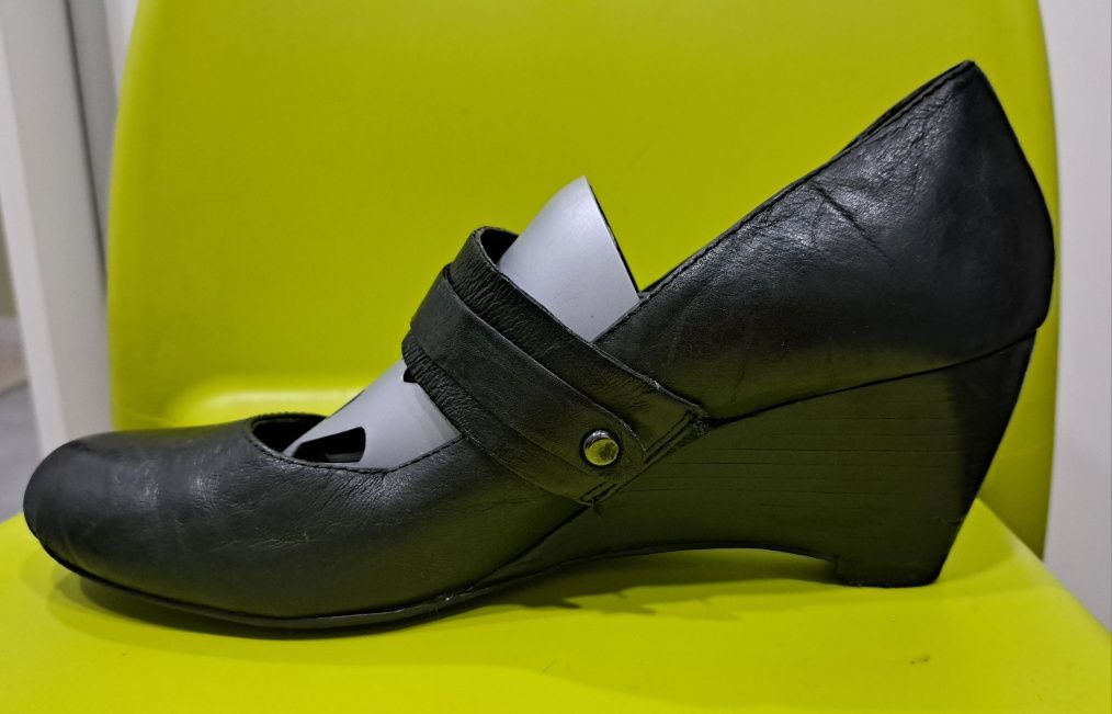 Półbuty, czarne, skóra, obcas 6.5 cm, Deichmann