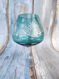 Szklany kielich ozdobny - turkusowy - vintage design - szlif - lata 70