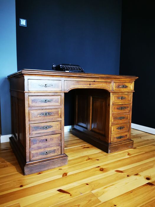 Biurko gabinetowe kolonialne dwustronne drewno intarsja