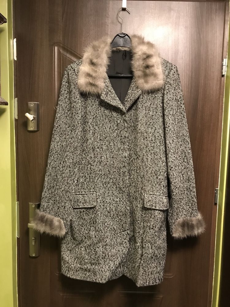 Zestaw kurtka + spódnica szary melanż futro z norki XL XXL Monnari