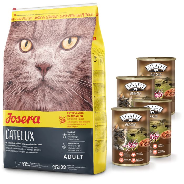 JOSERA Catelux 10kg + 4x Abart puszka dla kota z wołowina 415g