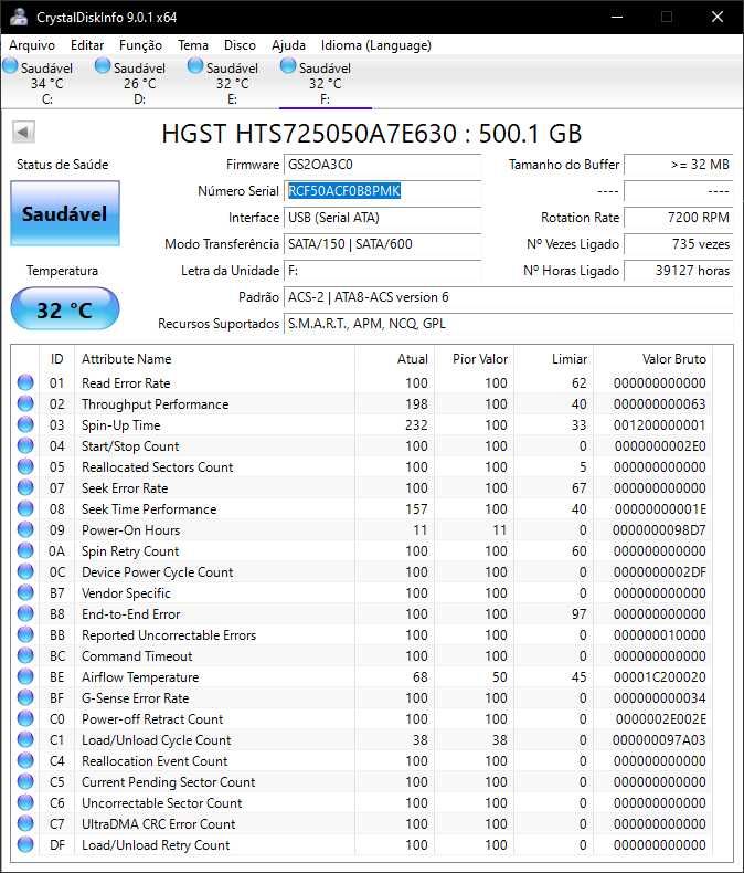 2 discos HDD 2.5" Hitachi 500GB (7200 RPM)