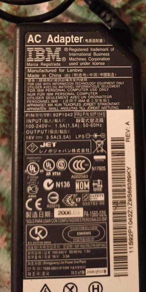 Оригінал! Блок живлення 16V 3.5A IBM Lenovo від ноутбука. Зарядка