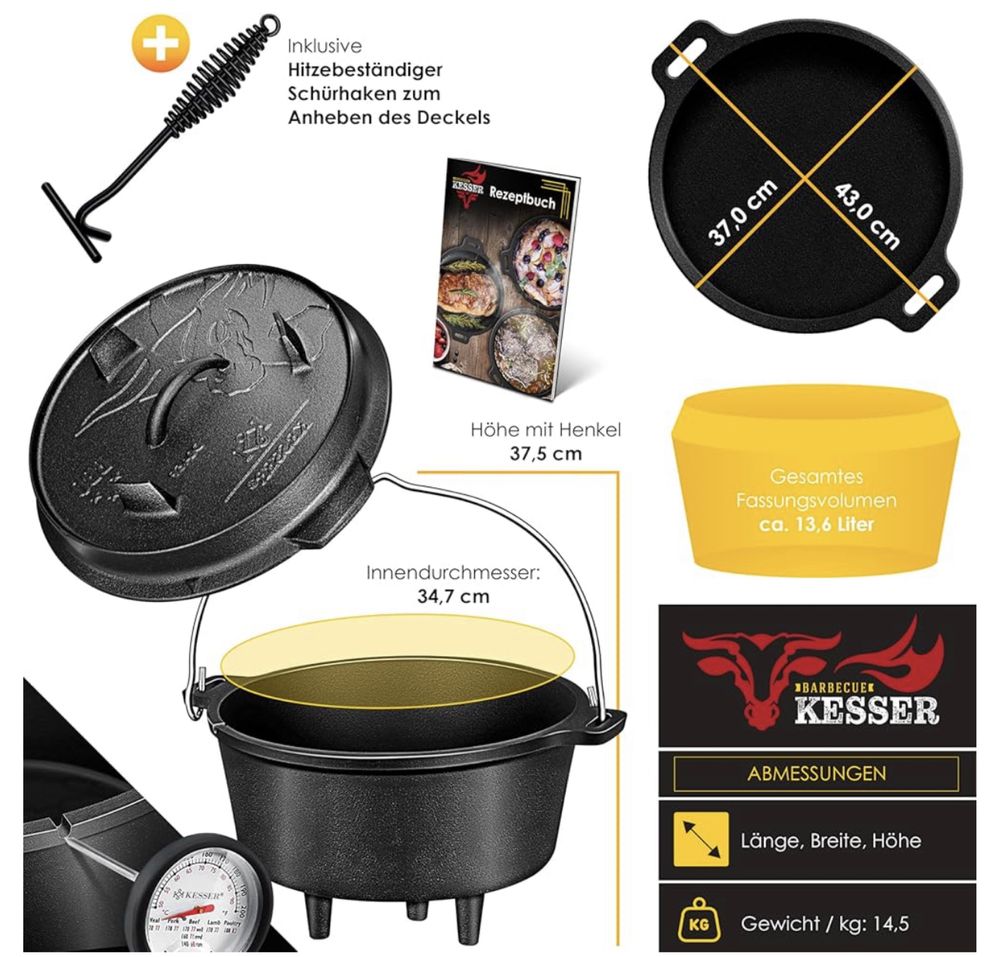 KESSER® Zestaw Dutch Oven garnek do duszenia grilla, żeliwny garnek