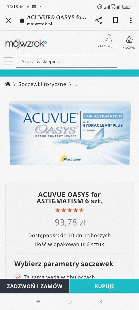 Soczewki Acuvue Oasys Astygmatyzm (-1,75/-1,25)