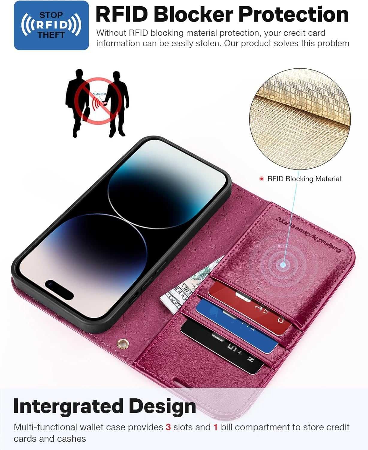 Ocase iPhone 15 Pro etui skórzane stojak magsafe bordowe portfel 2w1