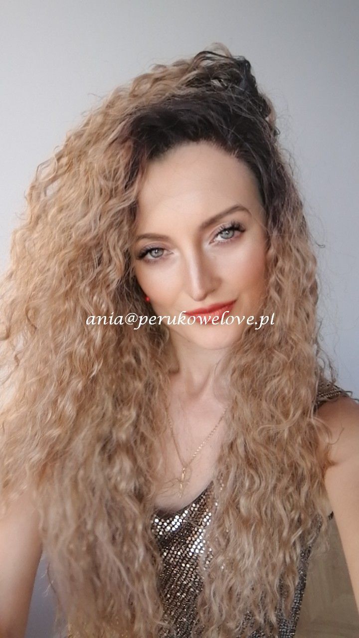 Peruka karmelowy blond lace front z odrostem afro loki kręcone włosy