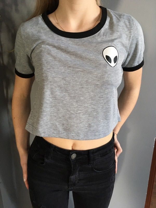 Koszulka t-shirt crop top szary UFO obcy alien zara xs s 34 36